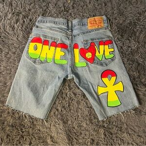 One Love Denim Shorts with Colorful Graphics